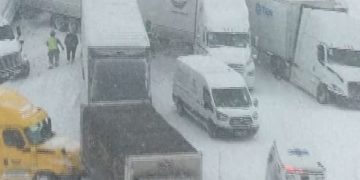 Drone video shows 100-vehicle pileup in Michigan