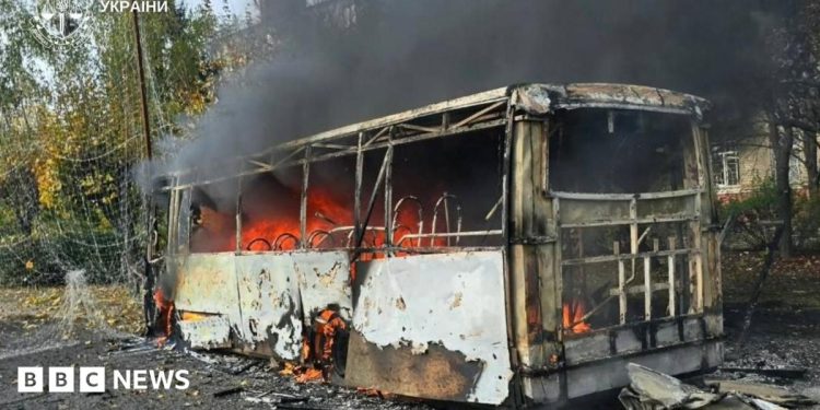 Russian strike on buses kills at least 30, say officials, as deadly attacks on Ukraine surge